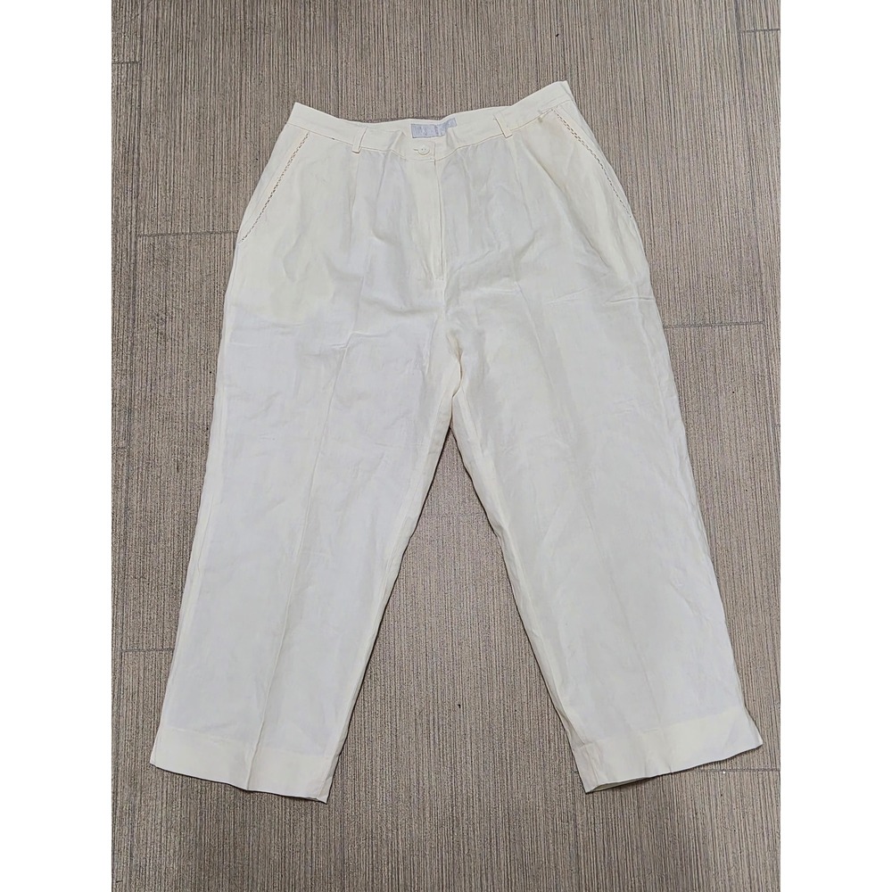 La Boutique Cream Linen Silk Blend Pleated High Rise Trousers Capri Womens 10